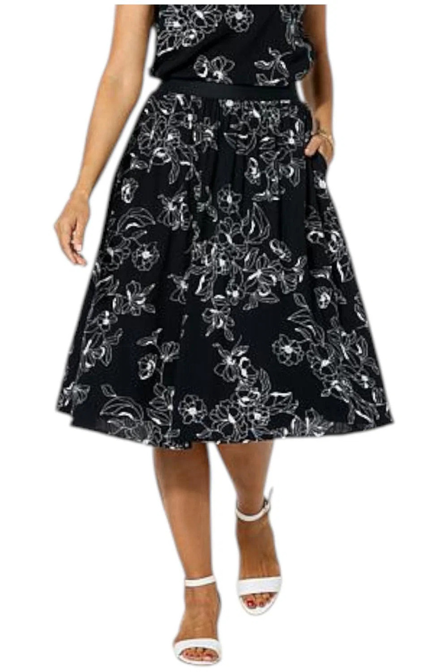 DG2 by Diane Gilman Women's Floral Print Midi Skirt Black/White - Regular